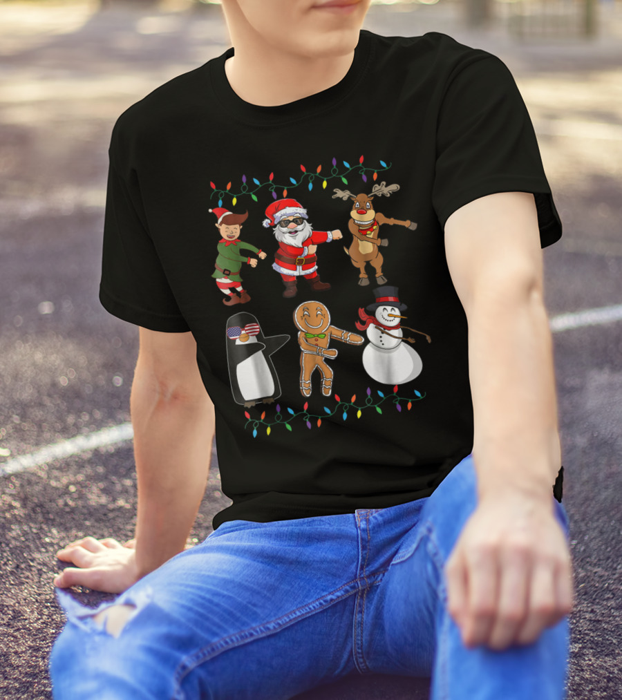 Floss Like A Boss Santa Elf Reindeer Penguin Gingerbread Snowman Christmas Lights T-Shirt