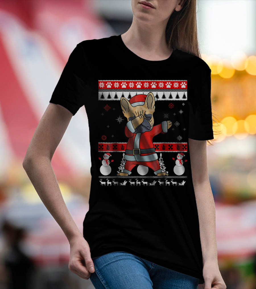 Dabbing French Bulldog Christmas Santa Ugly Sweater Snowflakes Snowmen T-Shirt