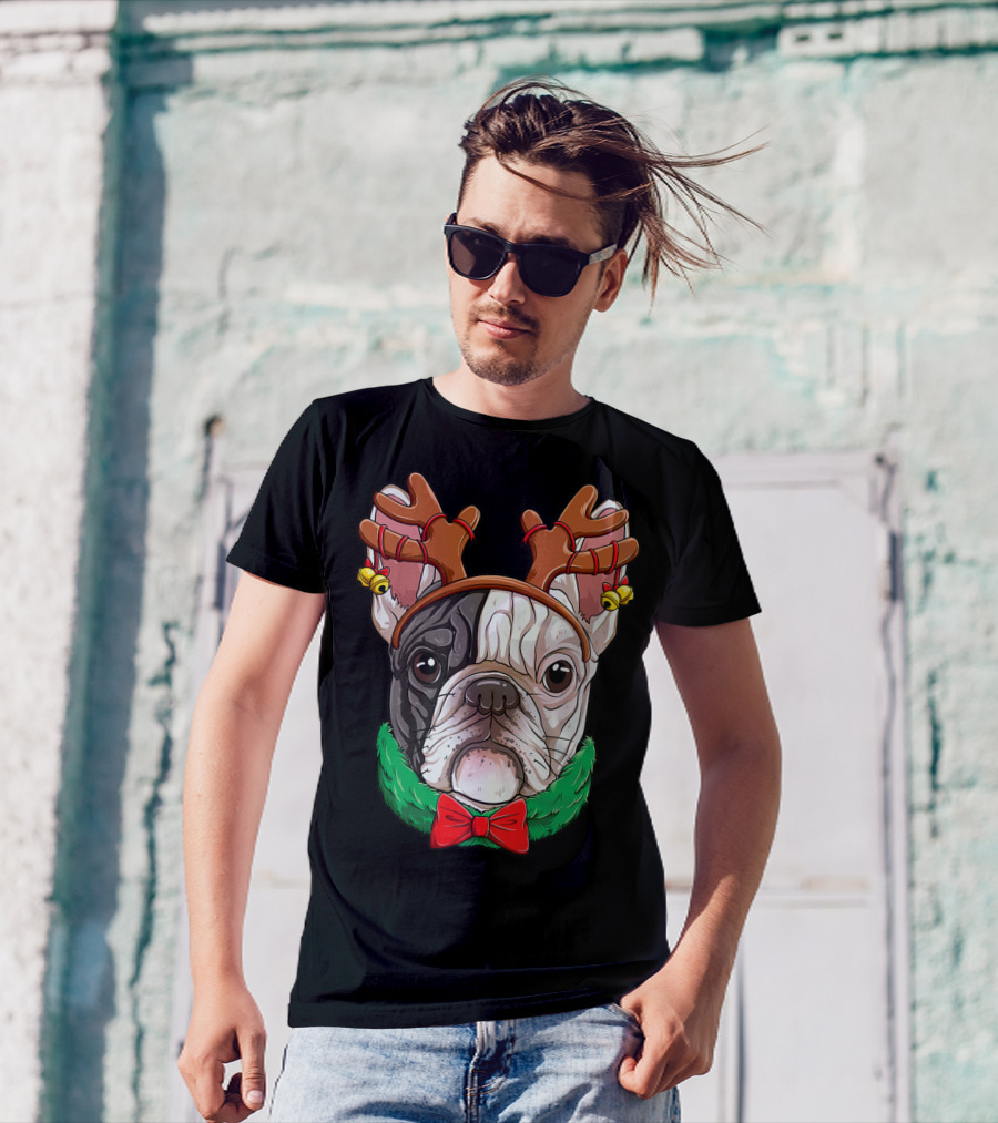 French Bulldog With Christmas Reindeer Antlers And Bow Tie T-Shirt