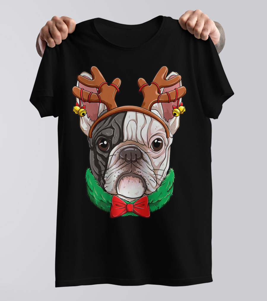 French Bulldog With Christmas Reindeer Antlers And Bow Tie T-Shirt