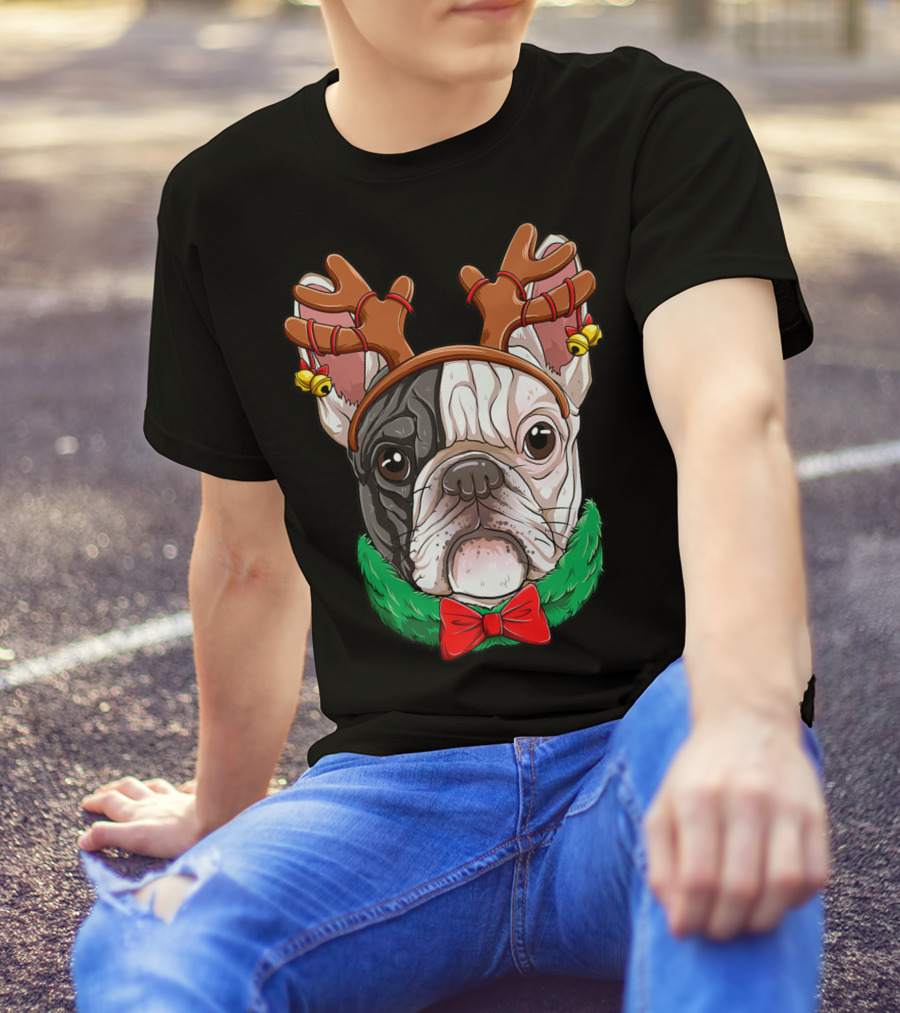 French Bulldog With Christmas Reindeer Antlers And Bow Tie T-Shirt
