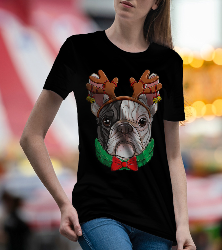 French Bulldog With Christmas Reindeer Antlers And Bow Tie T-Shirt