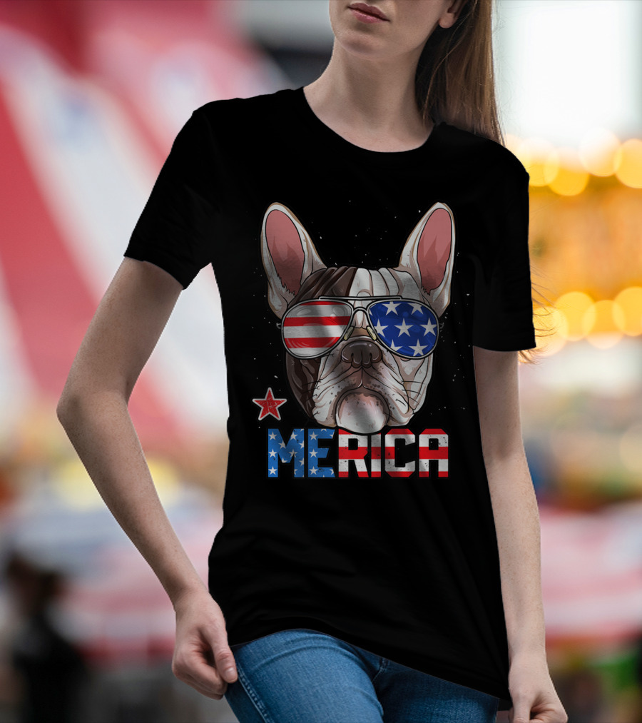French Bulldog Merica 4th Of July Dog Patriotic Sunglasses T-Shirt