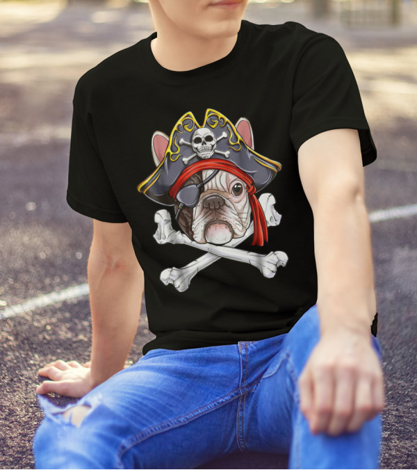 French Bulldog Pirate Jolly Roger Crossbones Skull Eyepatch T-Shirt