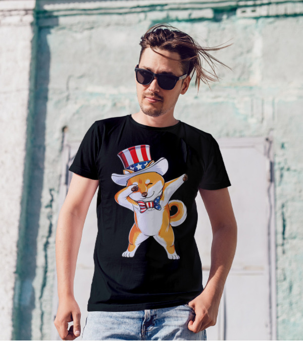 Dabbing Shiba Inu Uncle Sam Hat Bow Tie American Flag 4th Of July T-Shirt