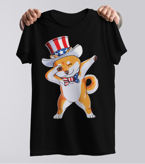 Dabbing Shiba Inu Uncle Sam Hat Bow Tie American Flag 4th Of July T-Shirt