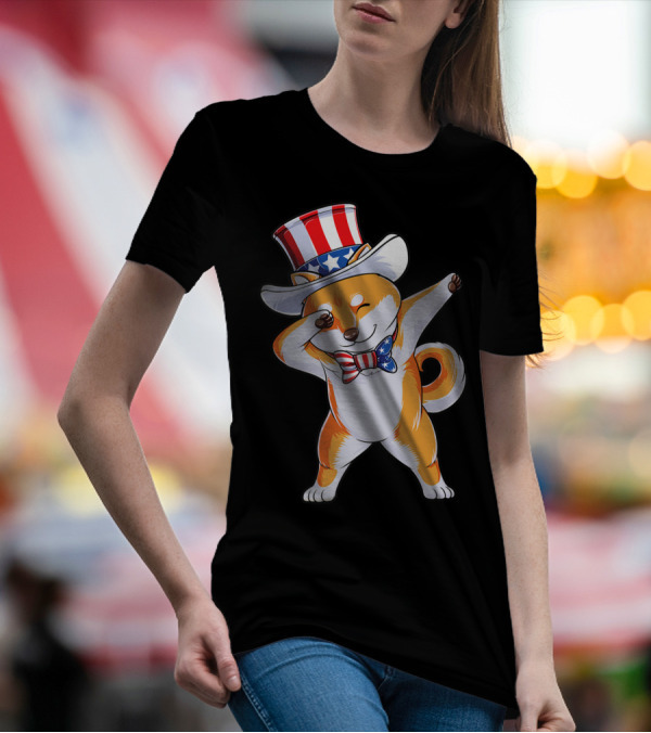 Dabbing Shiba Inu Uncle Sam Hat Bow Tie American Flag 4th Of July T-Shirt