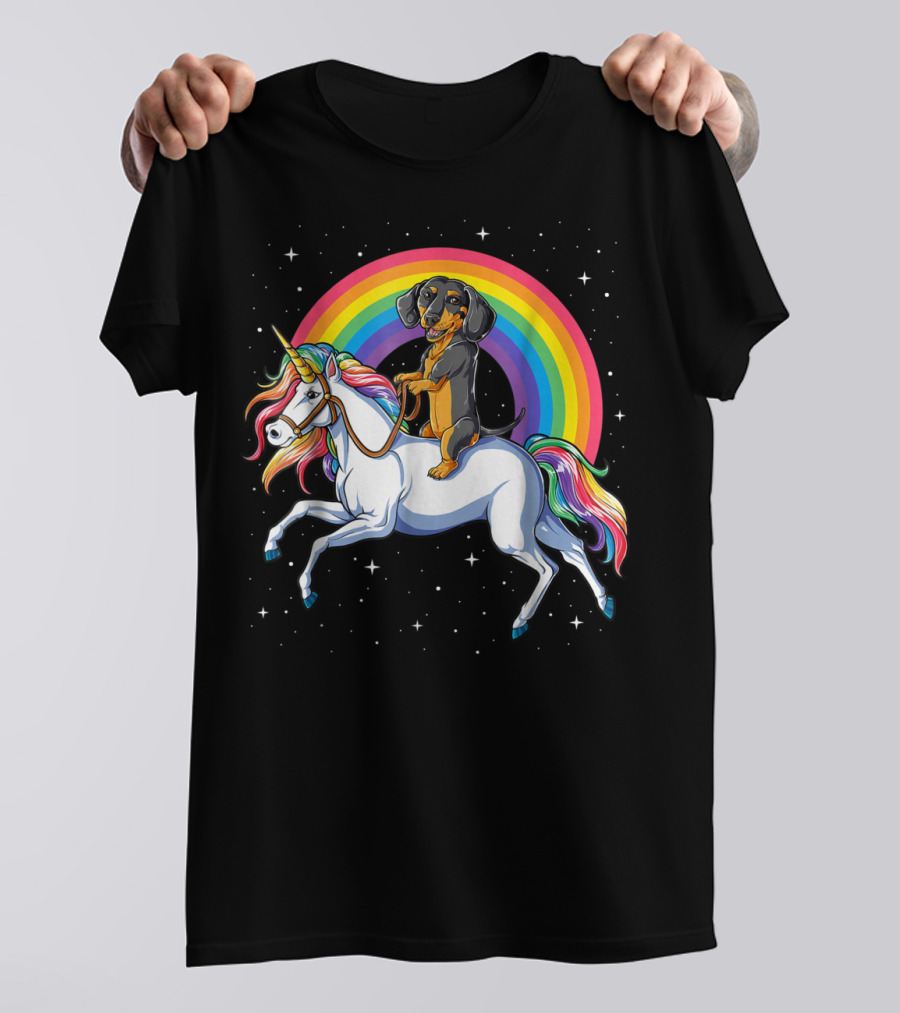 Dachshund Riding Unicorn Space Galaxy Rainbow Kids Women T-Shirt