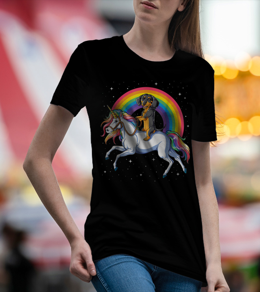 Dachshund Riding Unicorn Space Galaxy Rainbow Kids Women T-Shirt