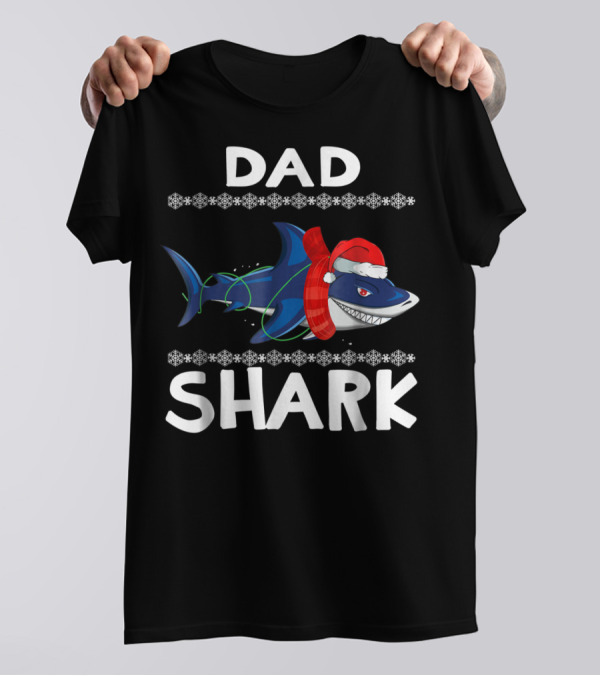 Dad Shark Christmas Family Santa Hat Snowflakes T-Shirt