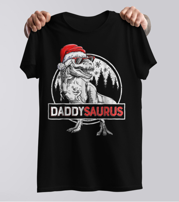 Daddysaurus Dinosaur Christmas Rex With Santa Hat And Sunglasses T-Shirt