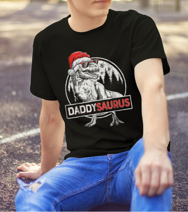 Daddysaurus Dinosaur Christmas Rex With Santa Hat And Sunglasses T-Shirt