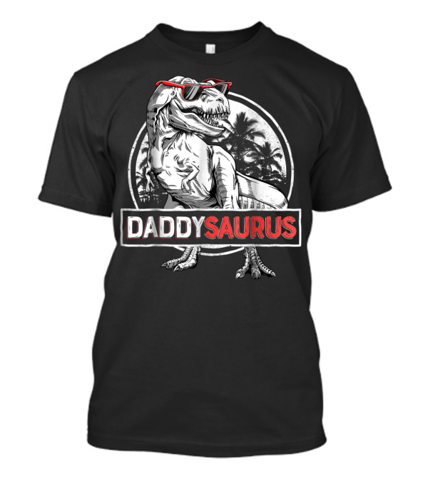 Daddysaurus Rex Daddy Dinosaur With Sunglasses Retro Palm Trees T-Shirt