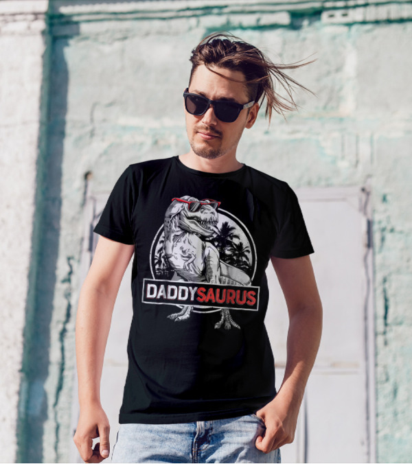 Daddysaurus Rex Daddy Dinosaur With Sunglasses Retro Palm Trees T-Shirt