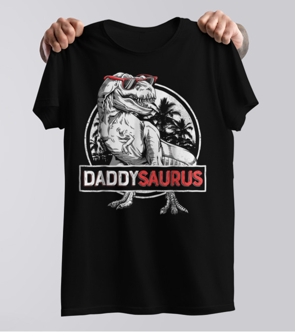 Daddysaurus Rex Daddy Dinosaur With Sunglasses Retro Palm Trees T-Shirt
