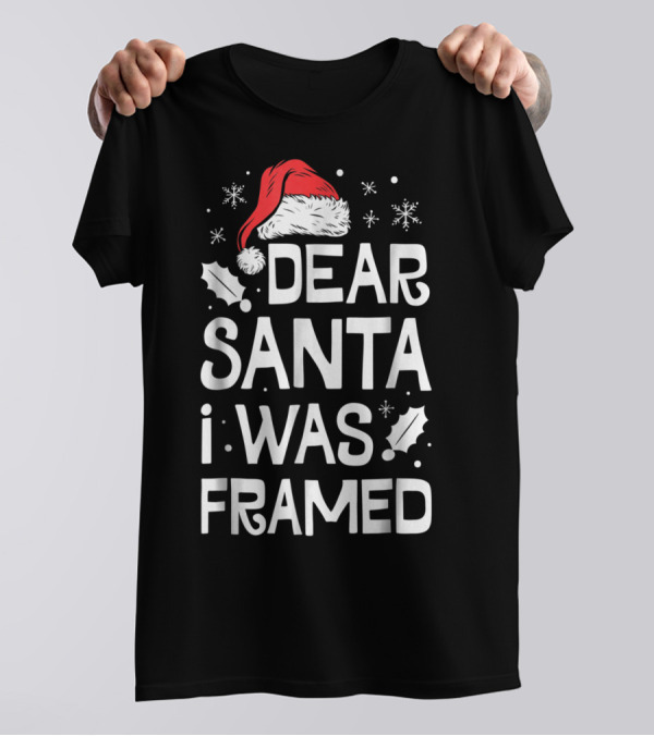 Dear Santa I Was Framed Christmas Baby Santa Hat Snowflakes T-Shirt