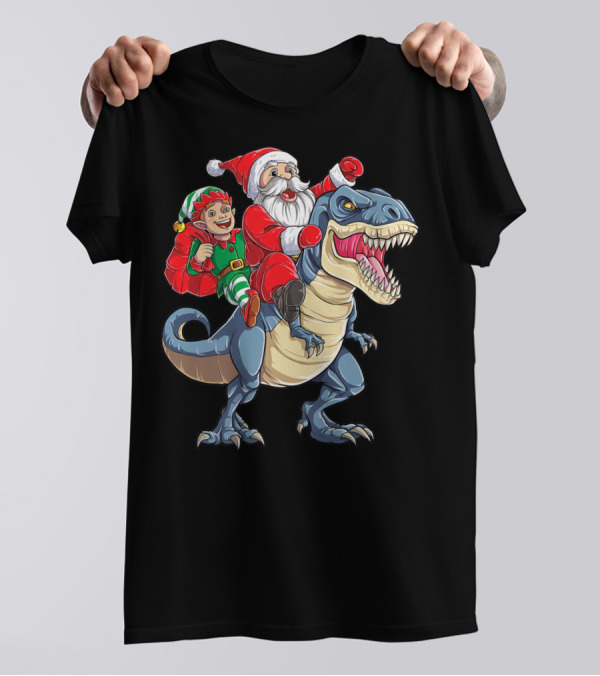 Dinosaur Christmas Boys Santa Elf Riding T-Rex Kids YP T-Shirt