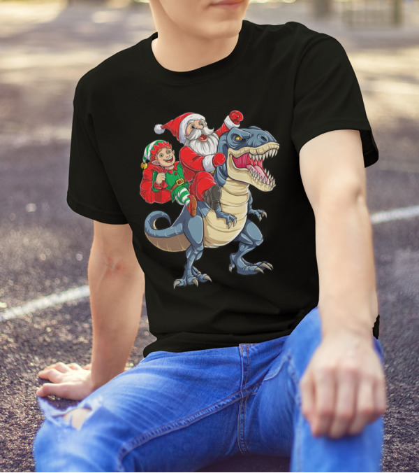 Dinosaur Christmas Boys Santa Elf Riding T-Rex Kids YP T-Shirt