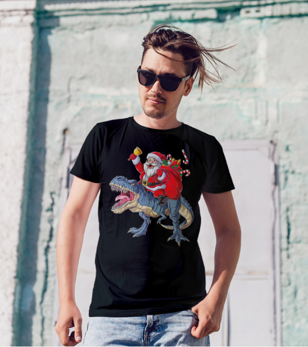 Santa Claus Riding Dinosaur With Bell And Holiday Gifts Christmas Boys Santa Rex Kids Xmas T3 T-Shirt