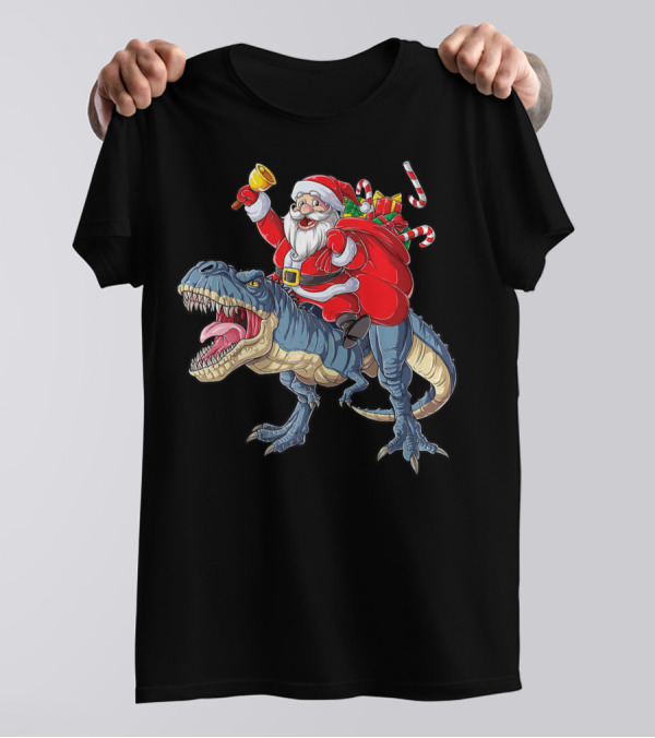 Santa Claus Riding Dinosaur With Bell And Holiday Gifts Christmas Boys Santa Rex Kids Xmas T3 T-Shirt