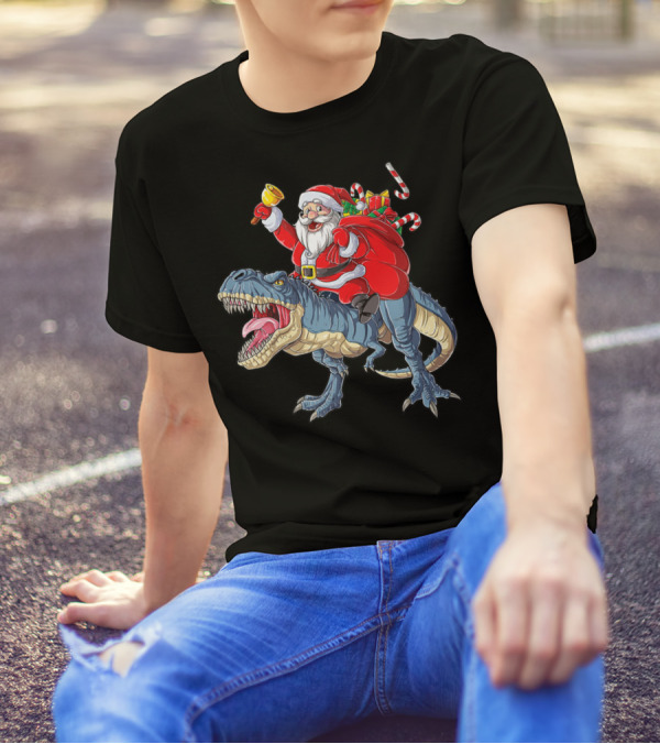 Santa Claus Riding Dinosaur With Bell And Holiday Gifts Christmas Boys Santa Rex Kids Xmas T3 T-Shirt