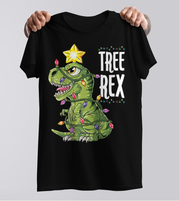 Tree Rex Dinosaur Christmas Lights And Star T-Shirt