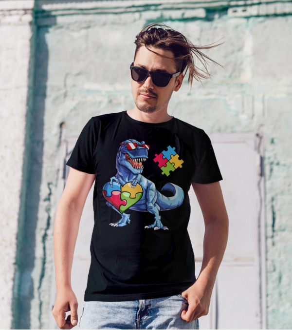 Dinosaur Holding Heart-Shaped Puzzle Pieces Autism Awareness T-Shirt