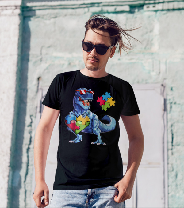 Dinosaur With Puzzle Pieces Heart Autism Awareness T-Shirt