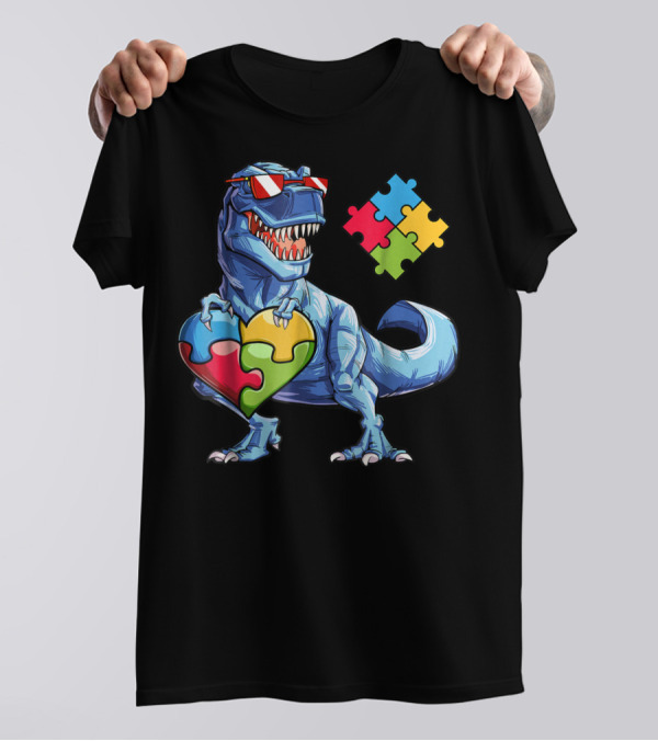 Dinosaur With Puzzle Pieces Heart Autism Awareness T-Shirt
