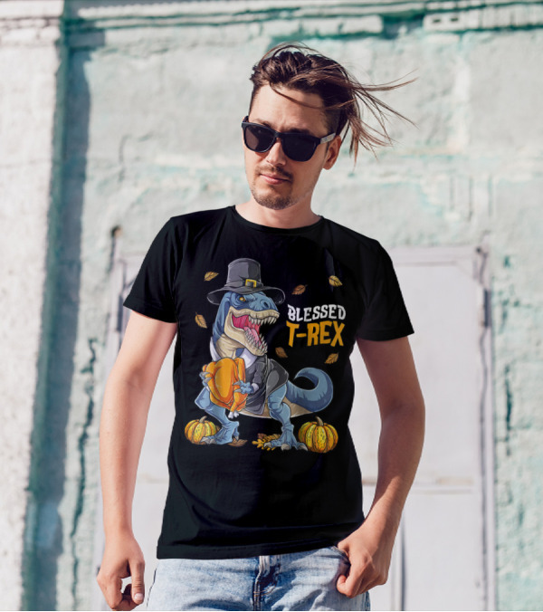 Blessed T-Rex Thanksgiving Pilgrim Dinosaur With Pumpkins T-Shirt