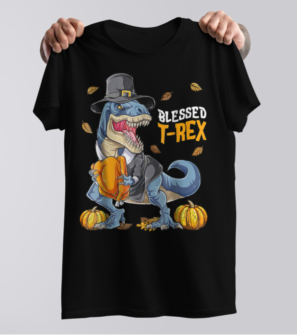 Blessed T-Rex Thanksgiving Pilgrim Dinosaur With Pumpkins T-Shirt