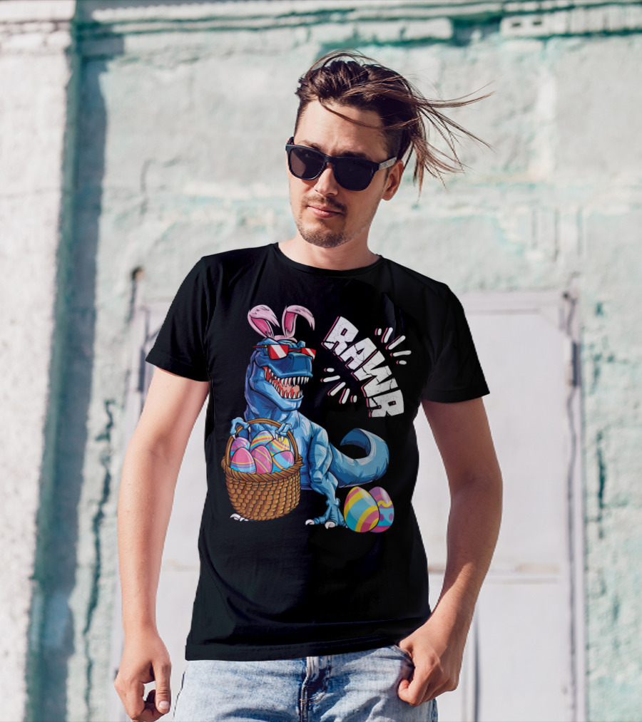 RAWR Easter Bunny Dinosaur Rex With Colorful Eggs Basket T-Shirt