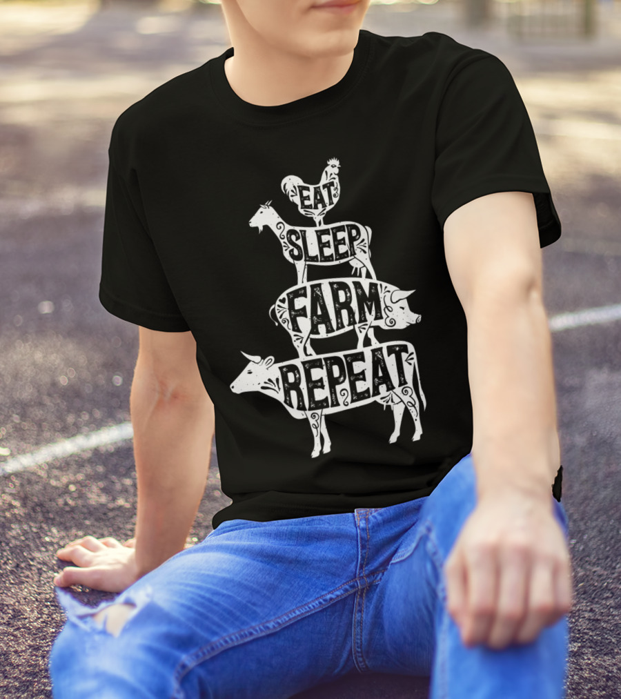 Eat Sleep Farm Repeat Farmer Goat Pig Cow Rooster T-Shirt