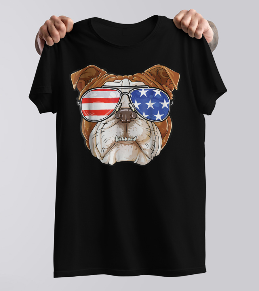 English Bulldog Wearing American Flag Sunglasses T-Shirt
