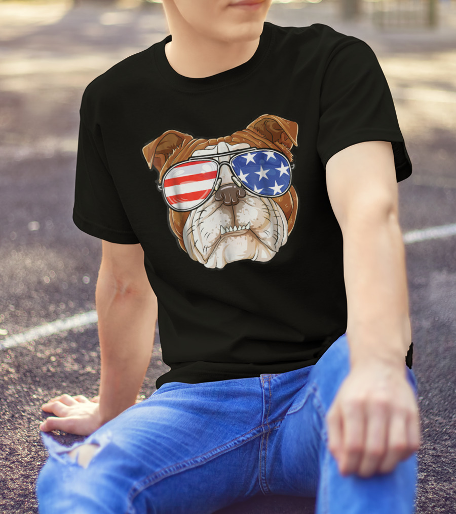 English Bulldog Wearing American Flag Sunglasses T-Shirt