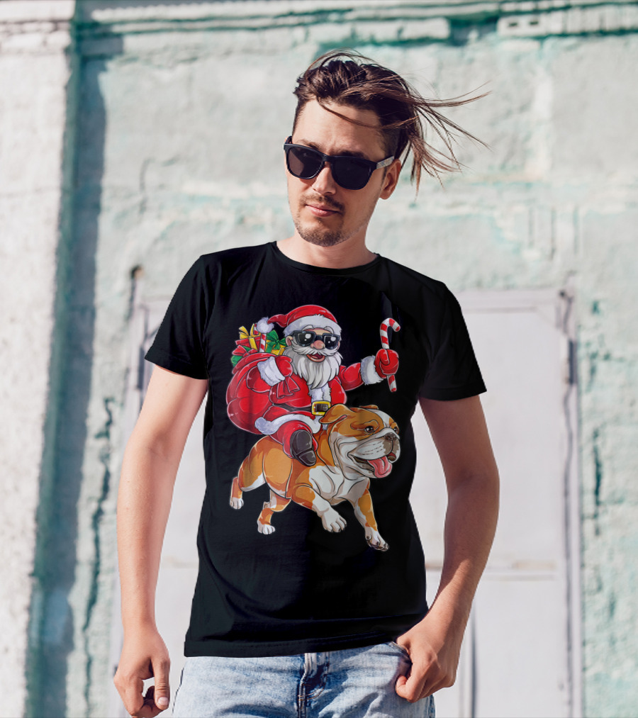English Bulldog Santa Claus Riding With Candy Cane And Gifts Christmas Woofmas T-Shirt