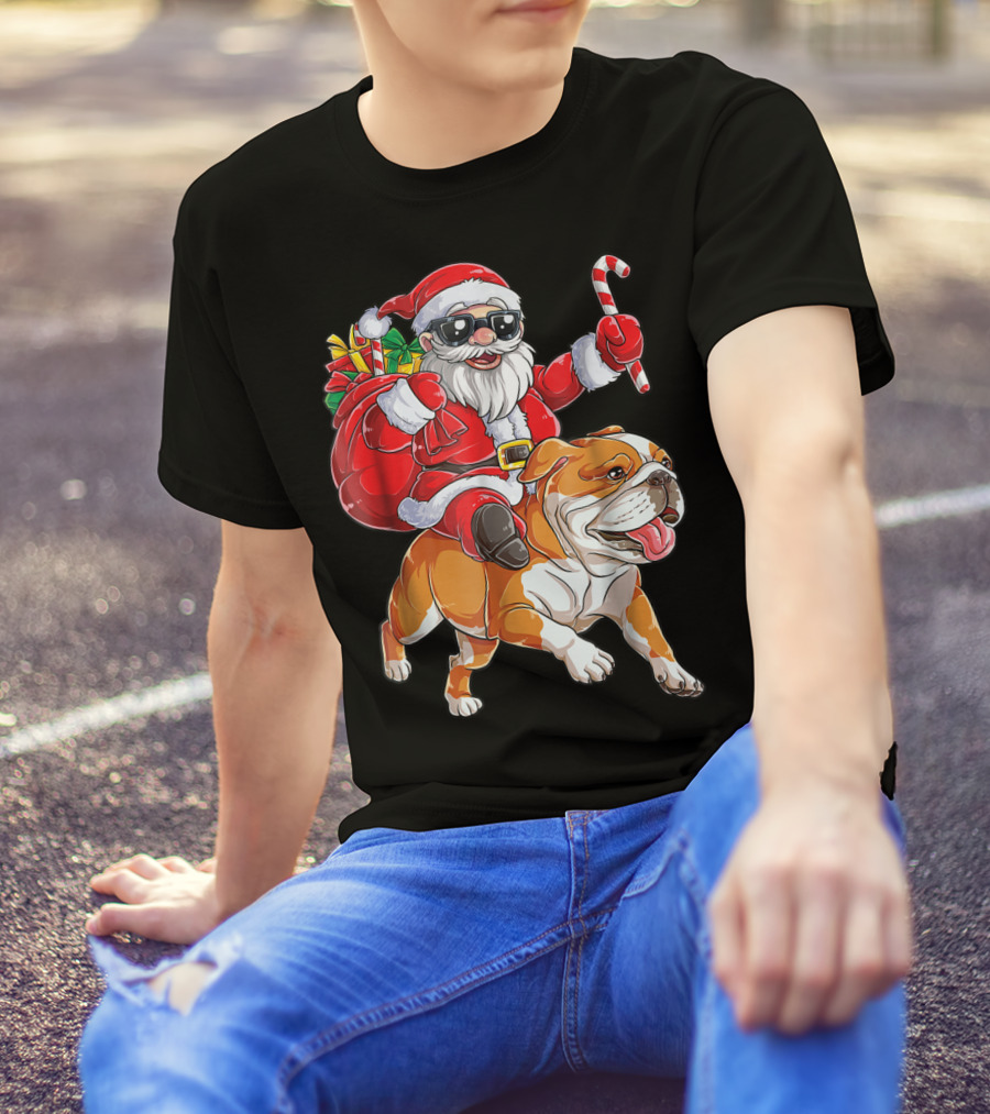 English Bulldog Santa Claus Riding With Candy Cane And Gifts Christmas Woofmas T-Shirt