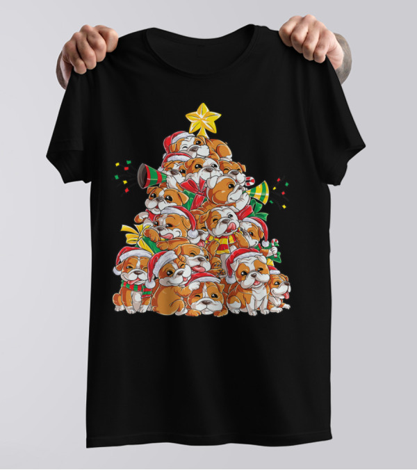 English Bulldog Xmas Tree Boys With Santa Hats And Christmas Cheer T-Shirt