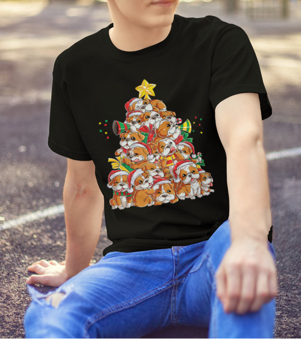 English Bulldog Xmas Tree Boys With Santa Hats And Christmas Cheer T-Shirt