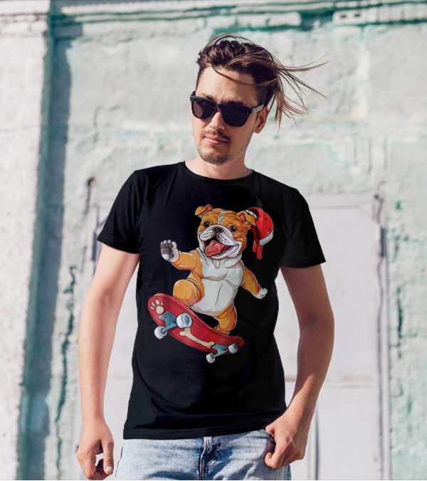 English Bulldog With Red Cap Skating On Bone Deck Skateboard T-Shirt