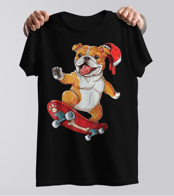 English Bulldog With Red Cap Skating On Bone Deck Skateboard T-Shirt