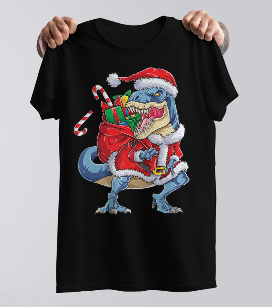 Dinosaur Christmas Boys Santa Rex With Candy Canes And Gifts T-Shirt