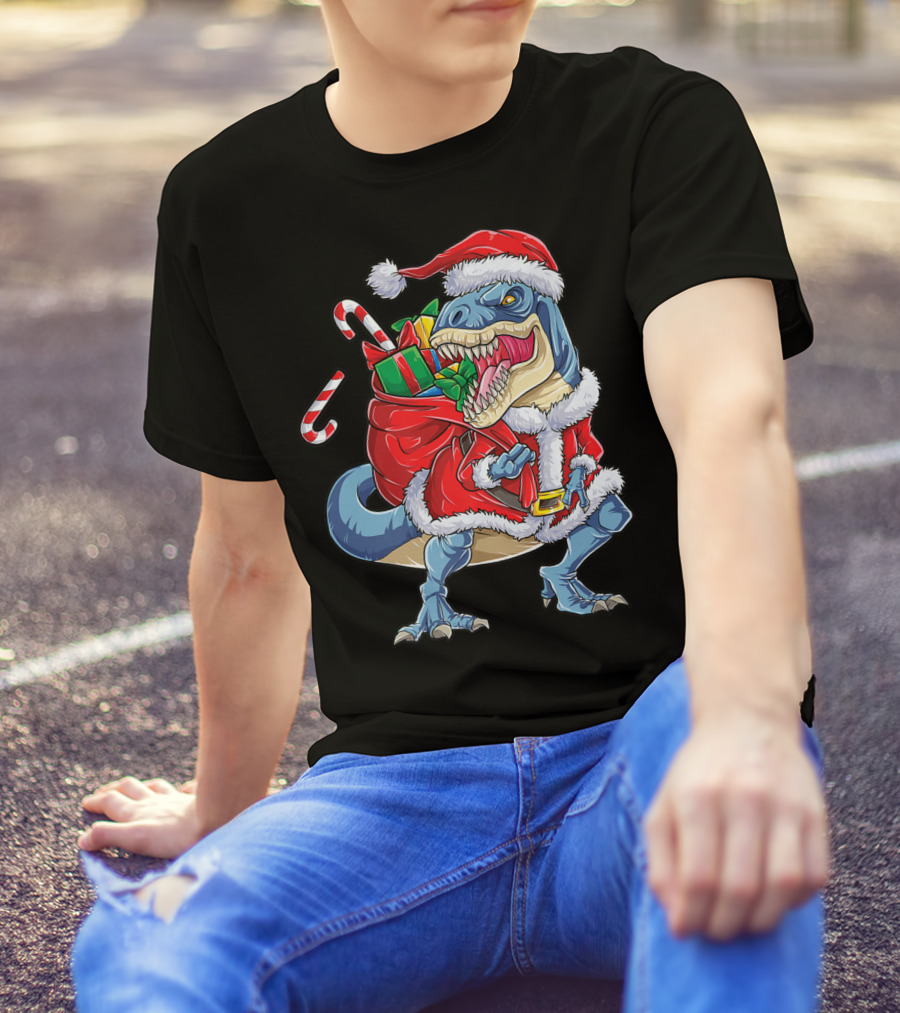 Dinosaur Christmas Boys Santa Rex With Candy Canes And Gifts T-Shirt