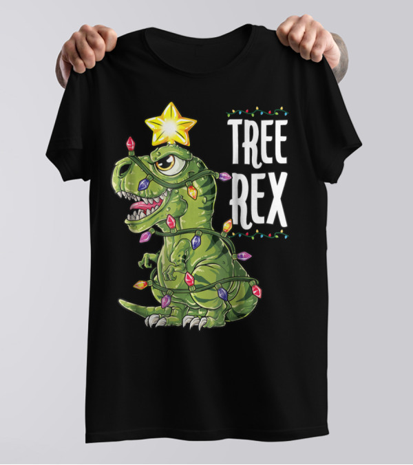 Tree Rex Dinosaur Wrapped In Christmas Lights With Star T-Shirt