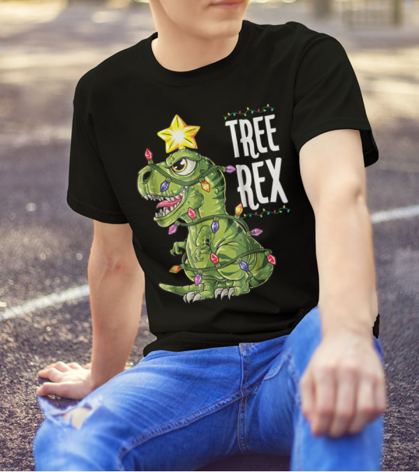 Tree Rex Dinosaur Wrapped In Christmas Lights With Star T-Shirt