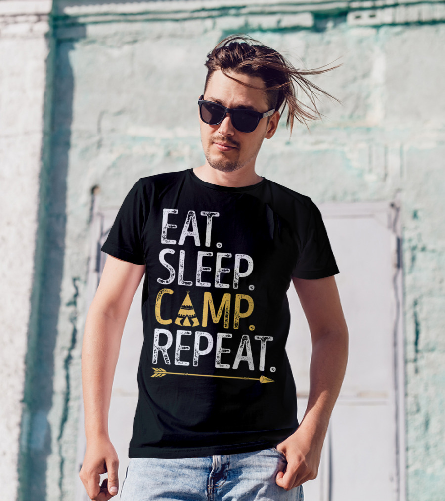 Eat Sleep Camp Repeat Camping Camper Tent Arrow T-Shirt