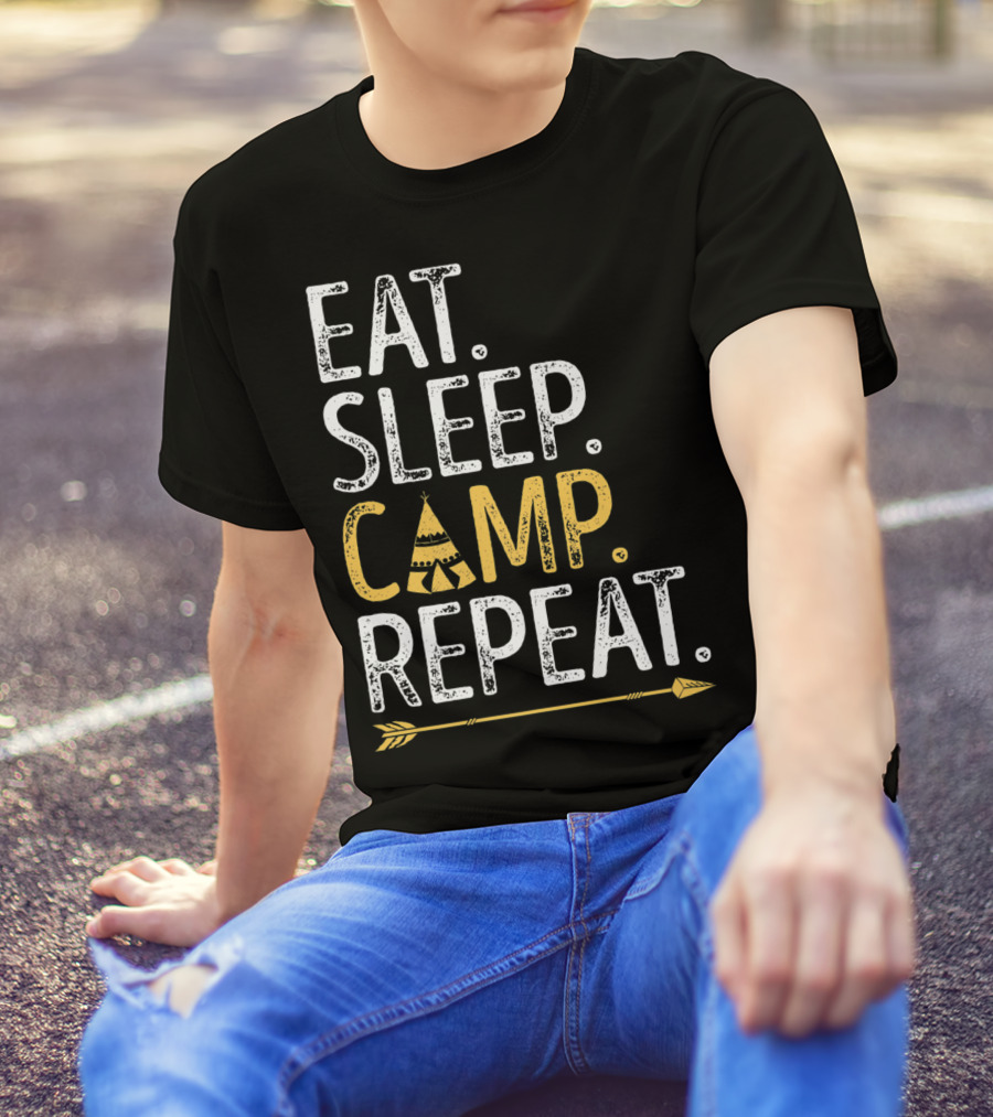 Eat Sleep Camp Repeat Camping Camper Tent Arrow T-Shirt