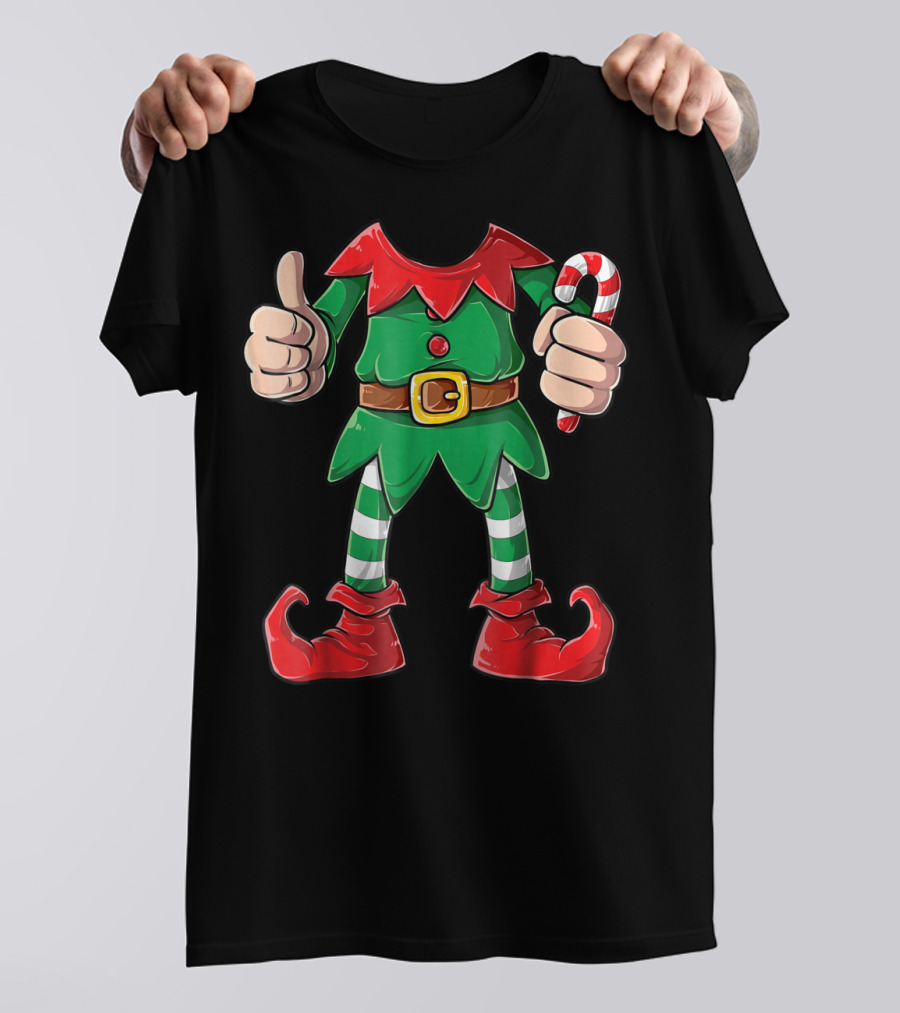 Elf Christmas Costume Holiday Outfit With Candy Cane And Thumbs Up For Girls Boys T-Shirt