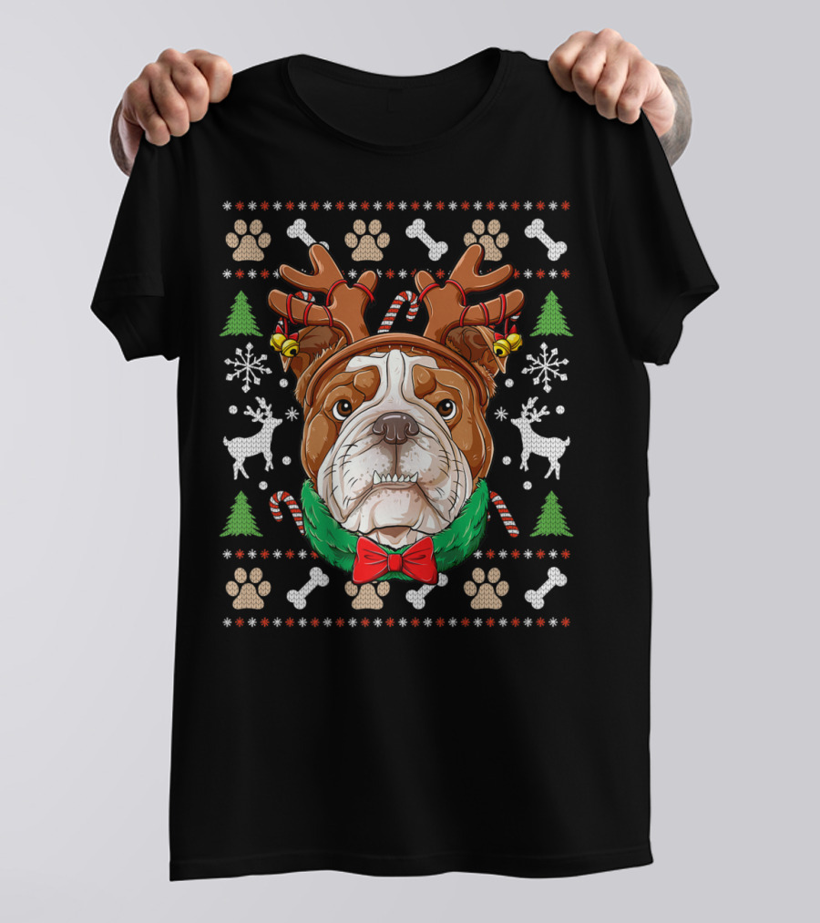 English Bulldog Reindeer Antlers Christmas Ugly T-Shirt