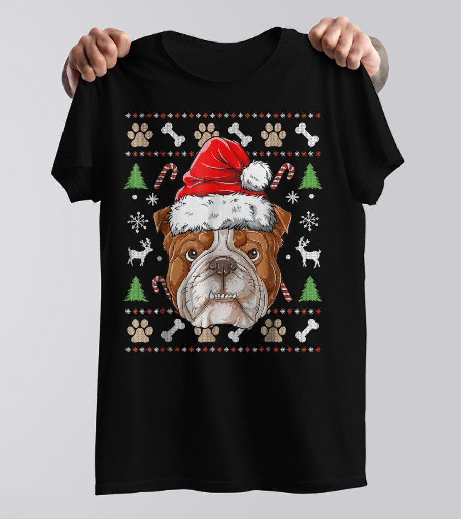 English Bulldog Santa Hat Ugly Christmas Sweater Paws Reindeer Bones Candy Canes T-Shirt
